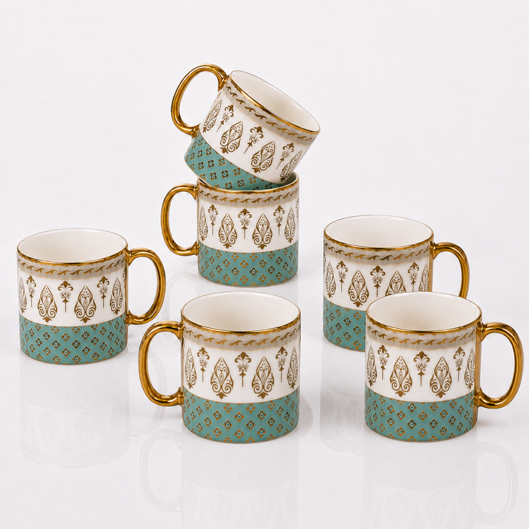 Teal Gold Fleur Mug Set 6 pcs