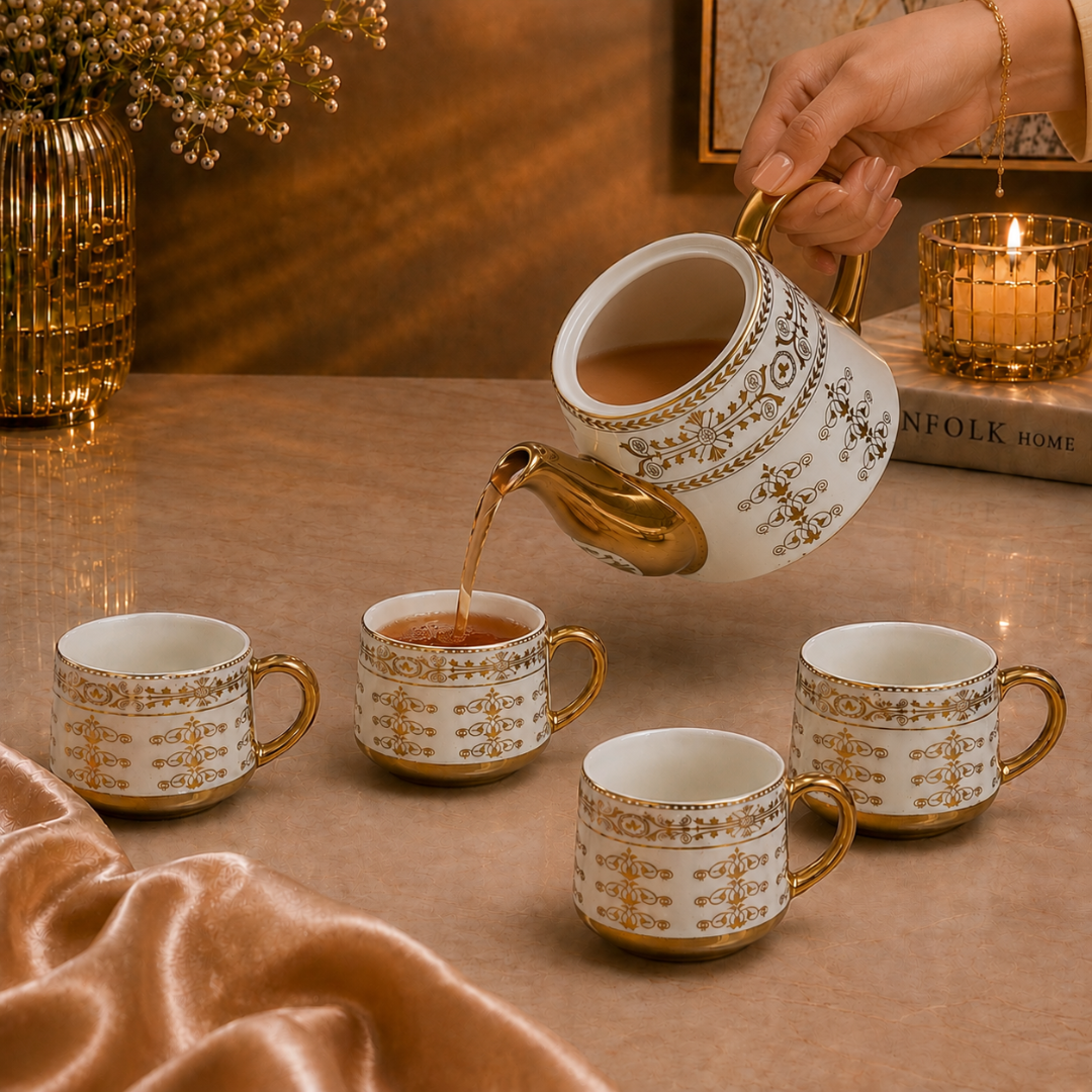 Luxora Gold Handle Ceramic Tea Set — Neoclassical Band Kettle & 4 Cups