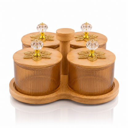 Borosilicate Glass Jar Set of 4 with 360° Revolving Bamboo Tray – Airtight Ribbed Glass Storage Jars, Crystal Knob Lid, 500ml Each