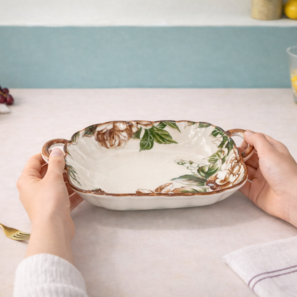 Porcelain Floral Ceramic Snack and Serving Platter with Handles Set of 2