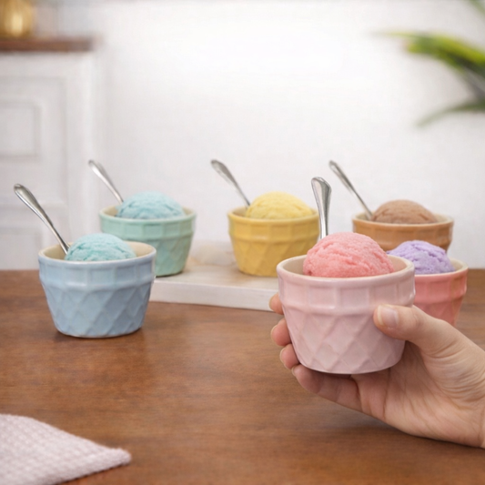 Pastel Ceramic Ice Cream Cup Set of 6 with Steel Spoons — 100ml | Embossed Cone Design | Food Safe Dessert Bowl Set