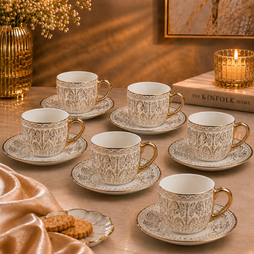 Corbett Gold Rim Tea Cup & Saucer Set of 6