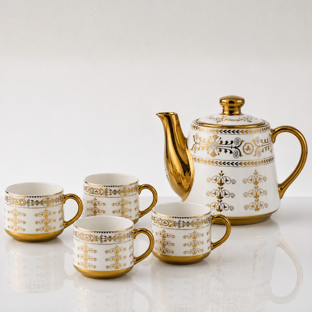 Luxora Gold Handle Ceramic Tea Set — Neoclassical Band Kettle & 4 Cups