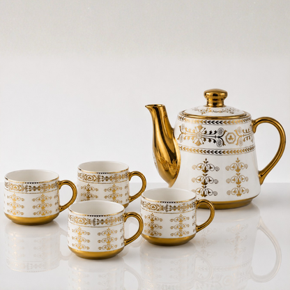 Luxora Gold Handle Ceramic Tea Set — Neoclassical Band Kettle & 4 Cups