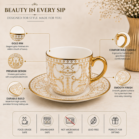 Rivera Gold Rim Tea Cup & Saucer Set of 6