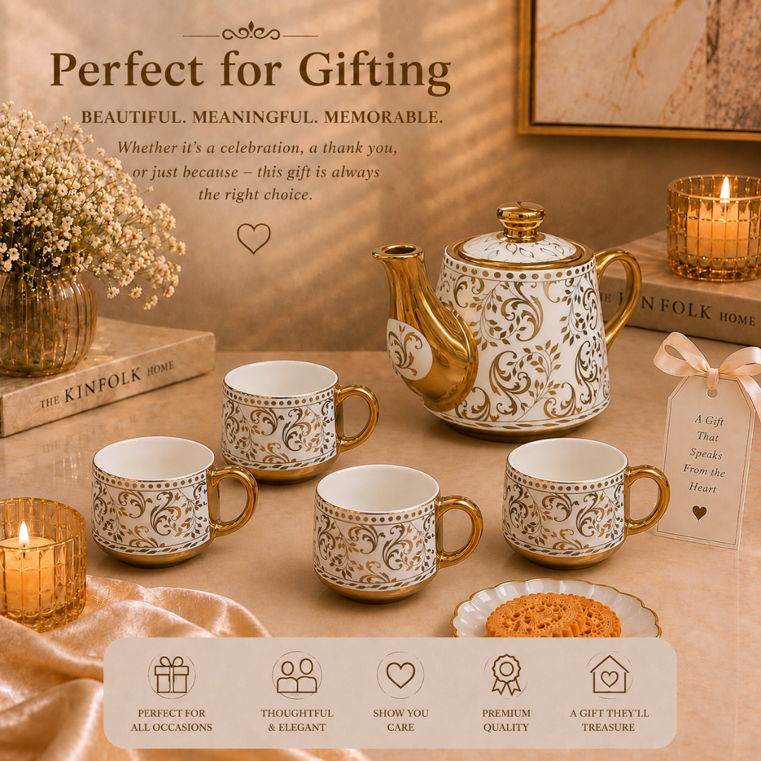 Rivera Gold Handle Ceramic Tea Set — Baroque Scroll Vine Kettle & 4 Cups