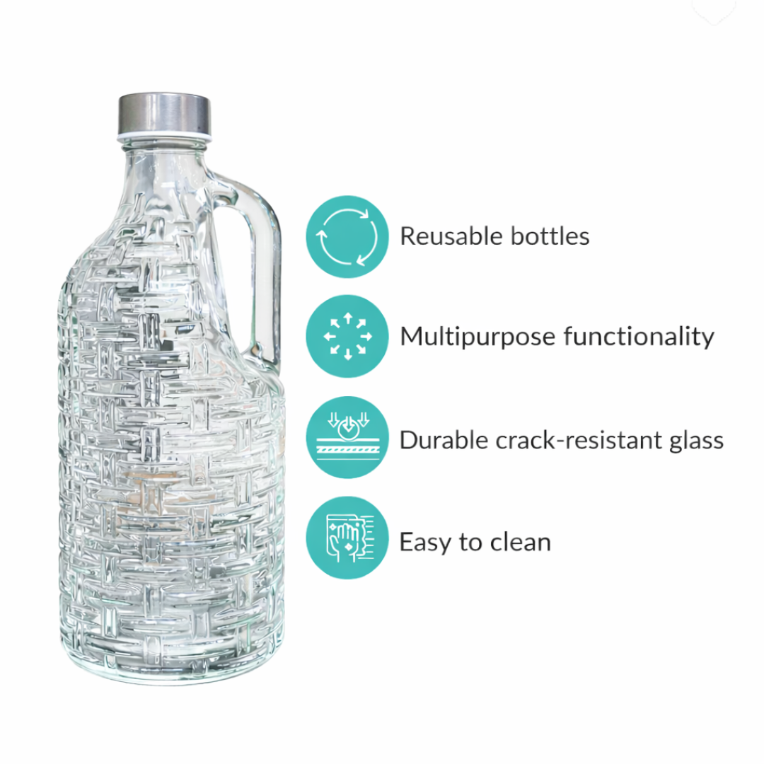 Clear Wicker-Texture Glass Water Bottle 1 Litre | BPA-Free, Lead-Free | Airtight Stainless Steel Cap | Fridge, Dining & Detox Water Bottle for Home, Kitchen & Table