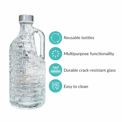 Clear Wicker-Texture Glass Water Bottle 1 Litre | BPA-Free, Lead-Free | Airtight Stainless Steel Cap | Fridge, Dining & Detox Water Bottle for Home, Kitchen & Table