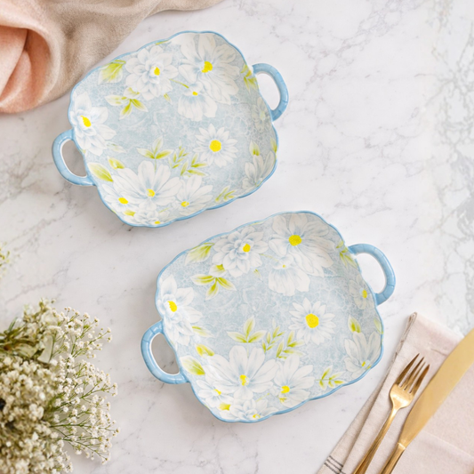 Blue Floral Ceramic Snack & Serving Platter with Handles Set of 2