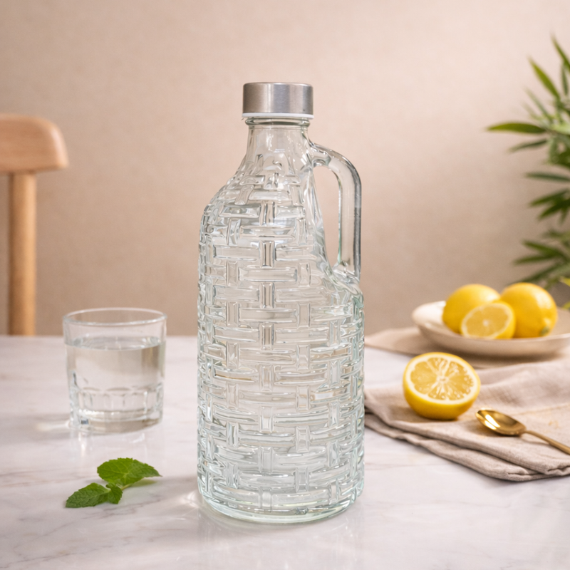 Crockwitty Clear Wicker-Texture Glass Water Bottle 1 Litre — textured glass water bottle India BPA-free