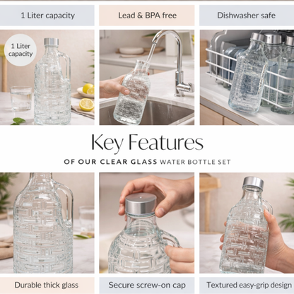 Clear Wicker-Texture Glass Water Bottle 1 Litre | BPA-Free, Lead-Free | Airtight Stainless Steel Cap | Fridge, Dining & Detox Water Bottle for Home, Kitchen & Table