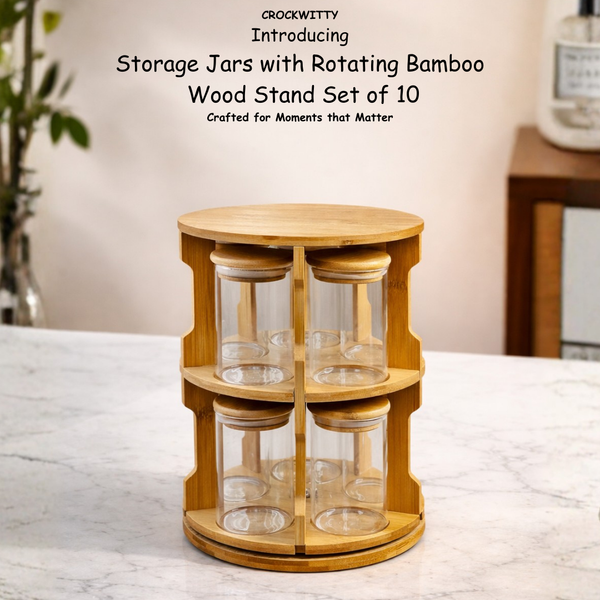 Storage Jars with Rotating Bamboo Wood Stand Set of 10 — Crockwitty 2026 kitchen organiser