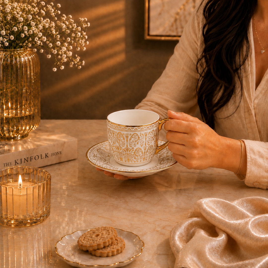 Corbett Gold Rim Tea Cup & Saucer Set of 6