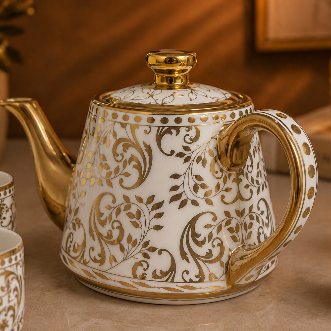 Rivera Gold Handle Ceramic Tea Set — Baroque Scroll Vine Kettle & 4 Cups
