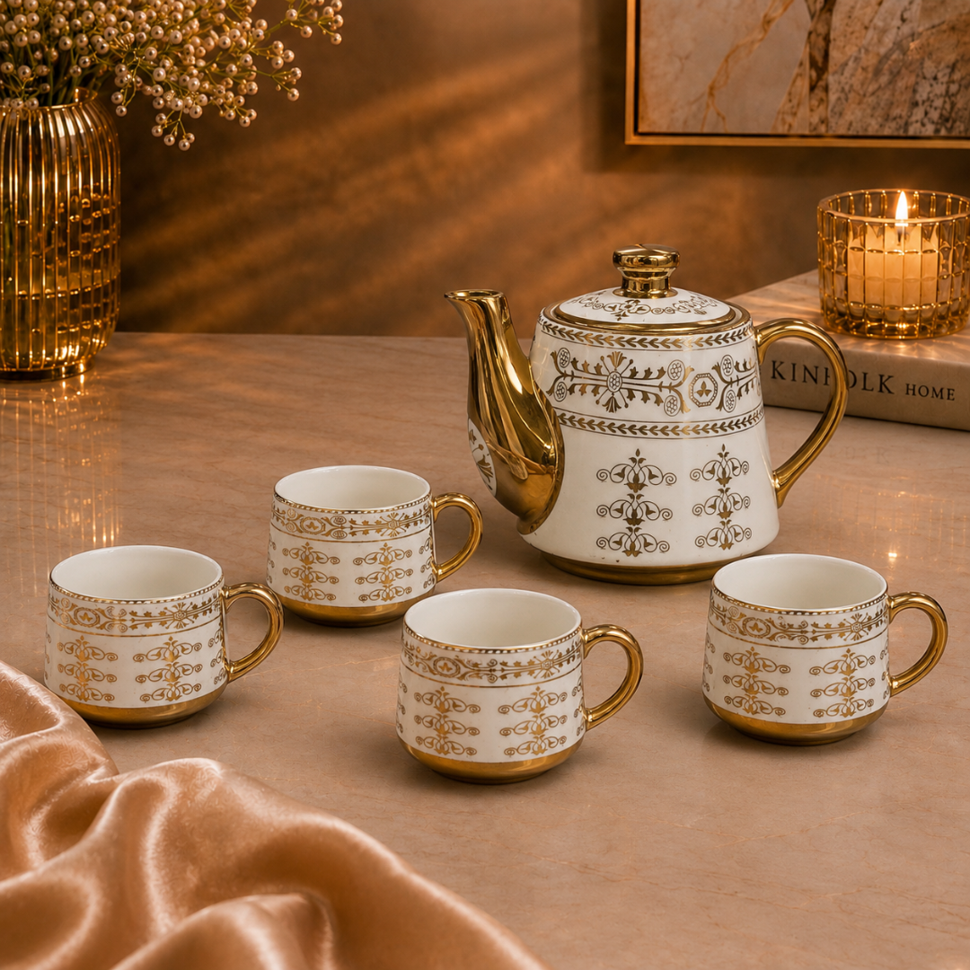 Luxora Gold Handle Ceramic Tea Set — Neoclassical Band Kettle & 4 Cups