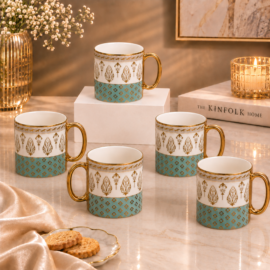 Teal Gold Fleur Mug Set 6 pcs