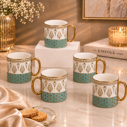 Teal Gold Fleur Mug Set 6 pcs