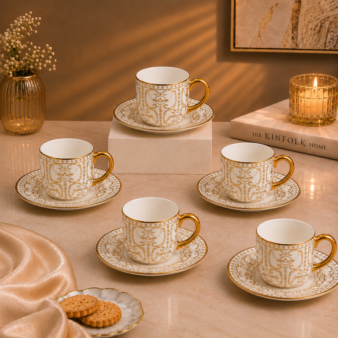 Rivera Gold Rim Tea Cup & Saucer Set of 6