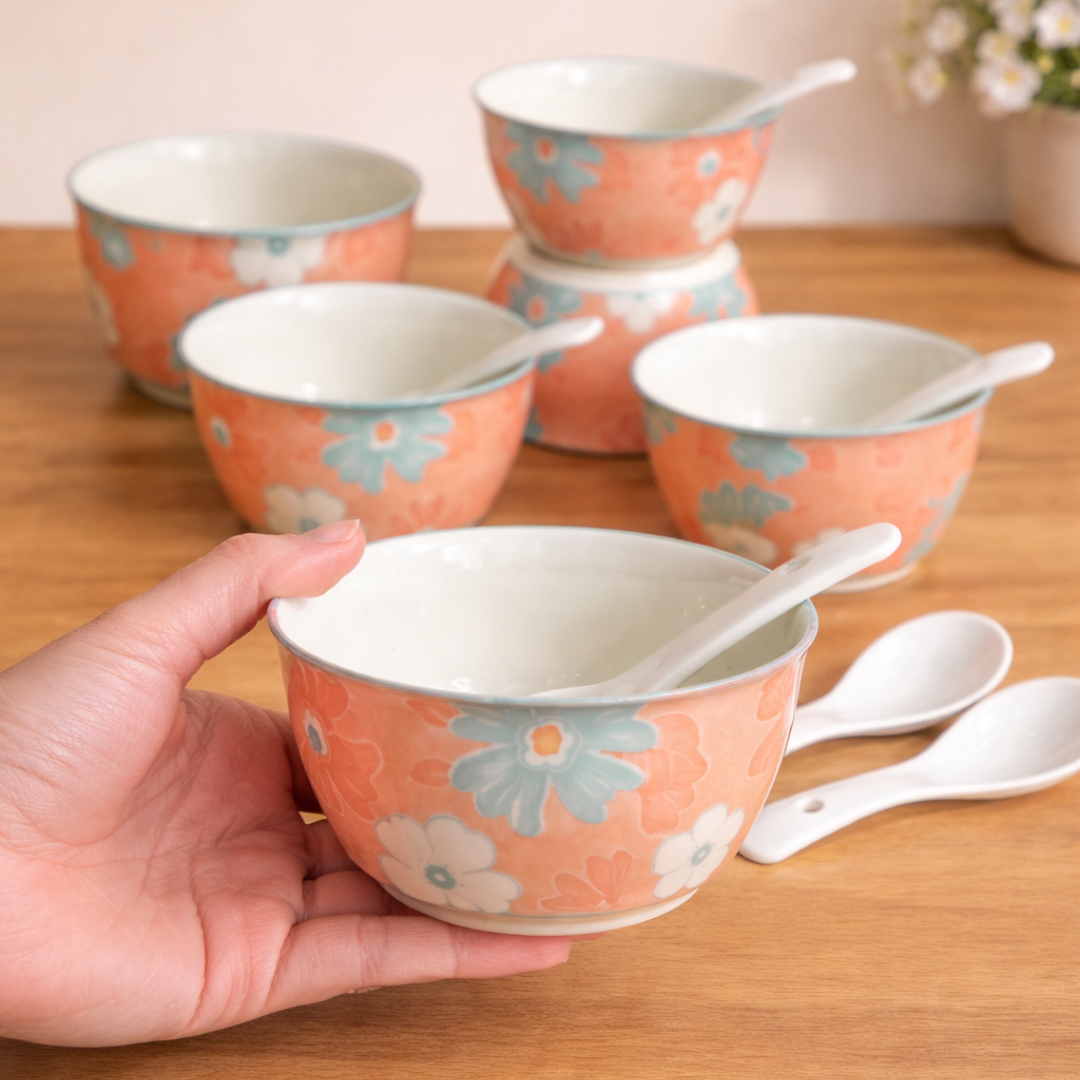 BloomFlora Porcelain Soup Bowl and Spoon Set (4 Bowls + 4 Spoons)