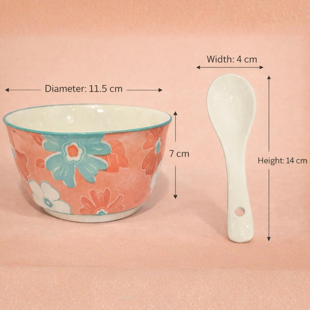 BloomFlora Porcelain Soup Bowl and Spoon Set (4 Bowls + 4 Spoons)