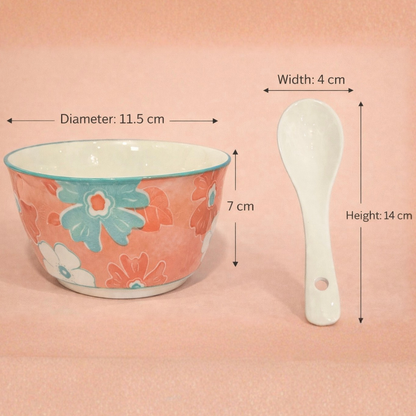 BloomFlora Porcelain Soup Bowl and Spoon Set (4 Bowls + 4 Spoons)