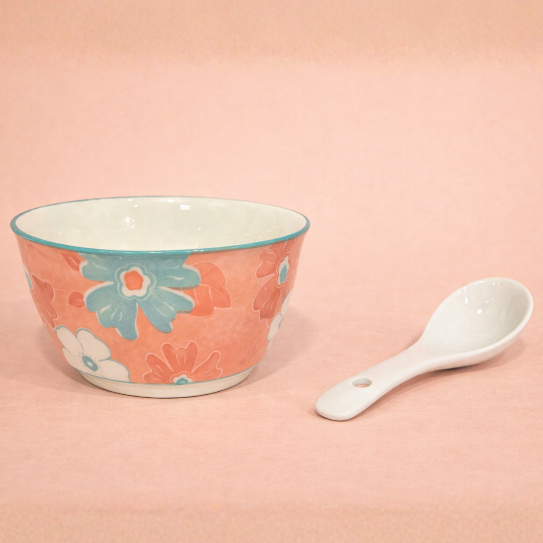 BloomFlora Porcelain Soup Bowl and Spoon Set (4 Bowls + 4 Spoons)