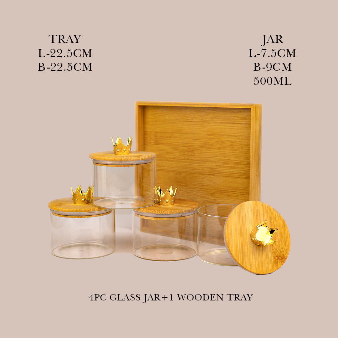 Royal Crown Glass Jar Set with Bamboo Tray – 4 Airtight Storage Jars (500ml)
