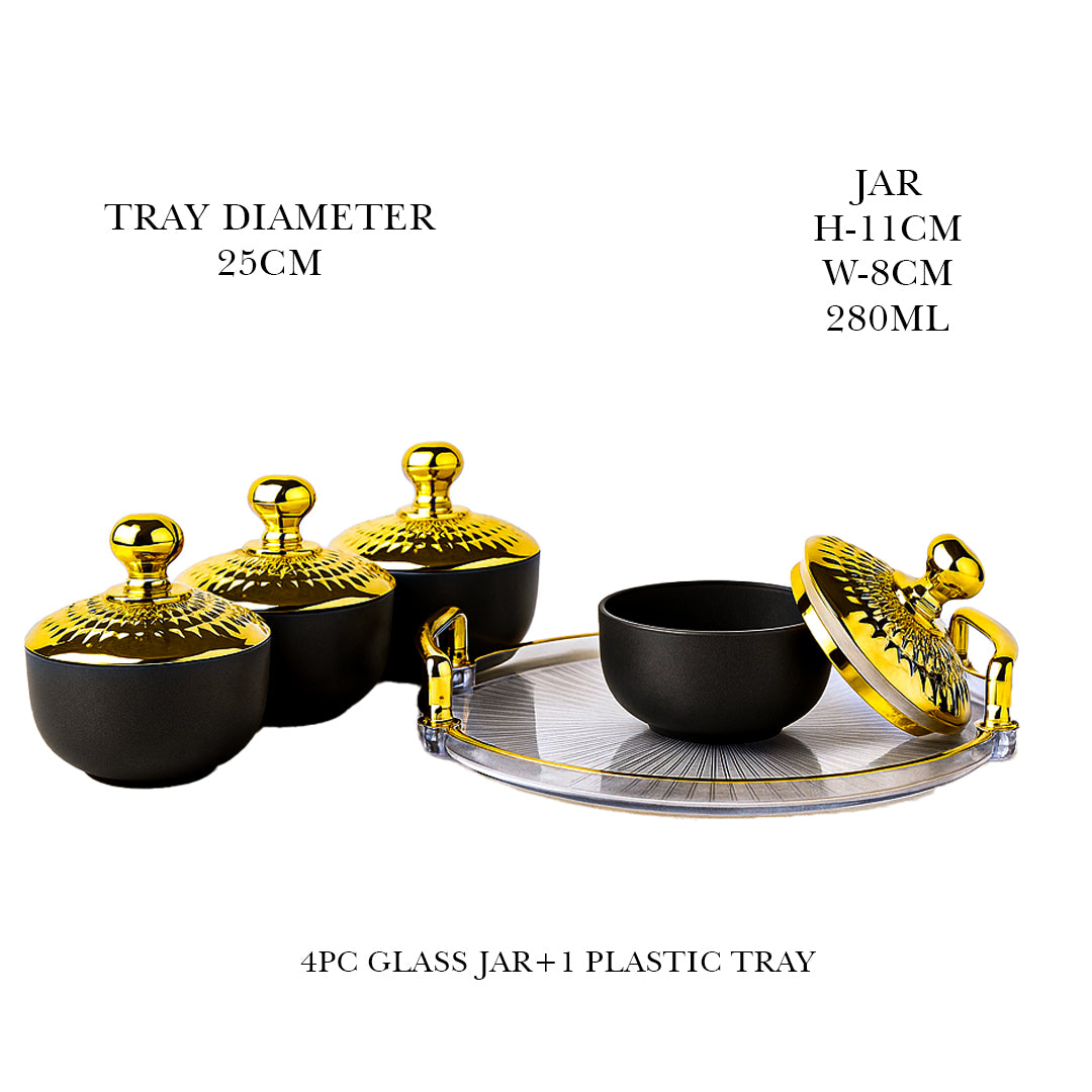 Unbreakable Tray with Airtight Glass Bowls (Golden) 280 ml