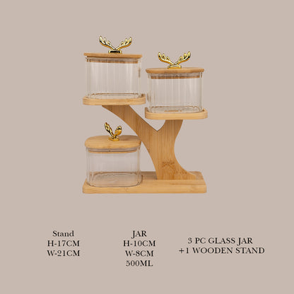 Tree Shaped Bamboo Tray with Airtight Glass Bowls 500 ml