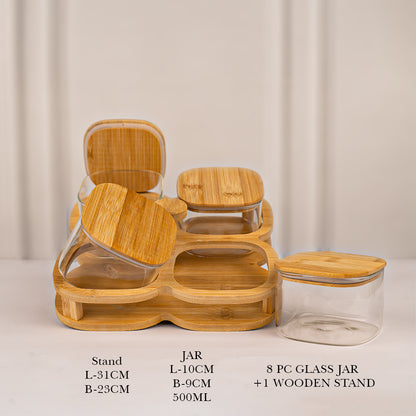 Rotating Bamboo Tray with Airtight Glass Bowls Set of 4 500 ml