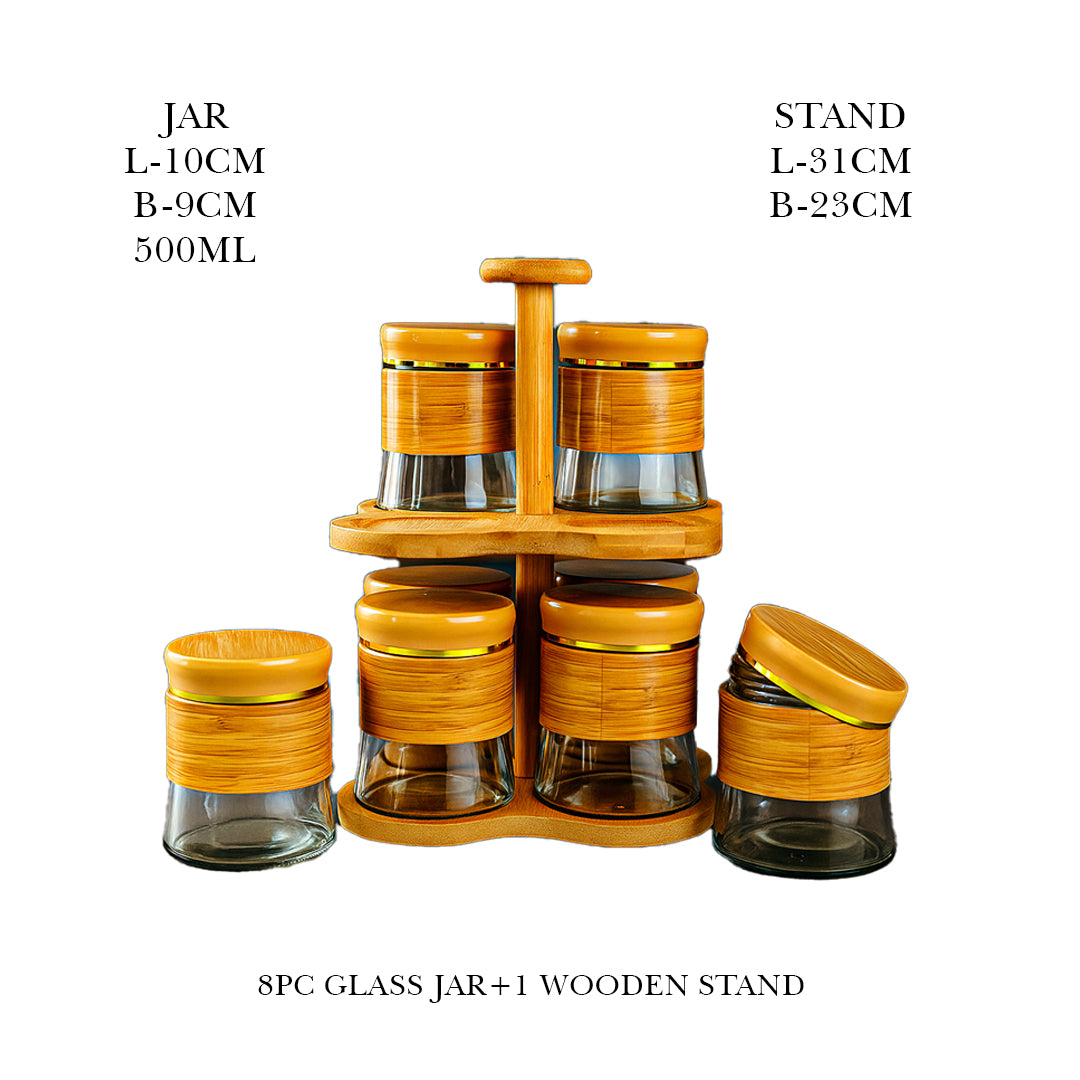 Storage Jars with Rotating Bamboo Wood Stand Set of 8