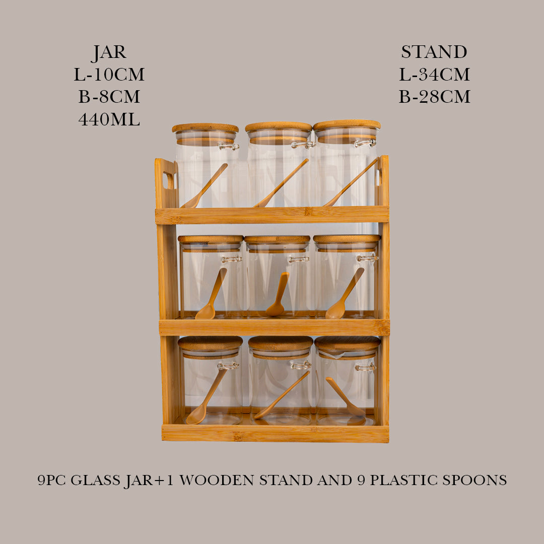 Storage Jars with Bamboo Wood Rack and Spoon Set of 9