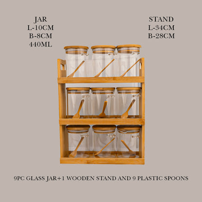 Storage Jars with Bamboo Wood Rack and Spoon Set of 9