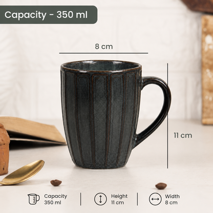 Long Ribbed Ceramic Coffee Mug – Charcoal Reactive Glaze | 350 ml Tall Stoneware Mugs with Handle | Lead & Cadmium Free