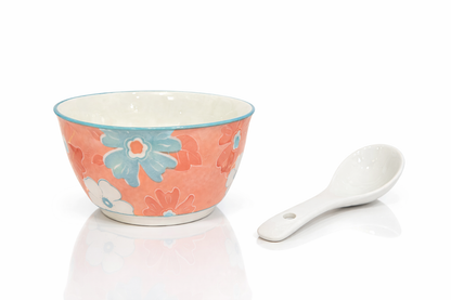 BloomFlora Porcelain Soup Bowl and Spoon Set (4 Bowls + 4 Spoons)