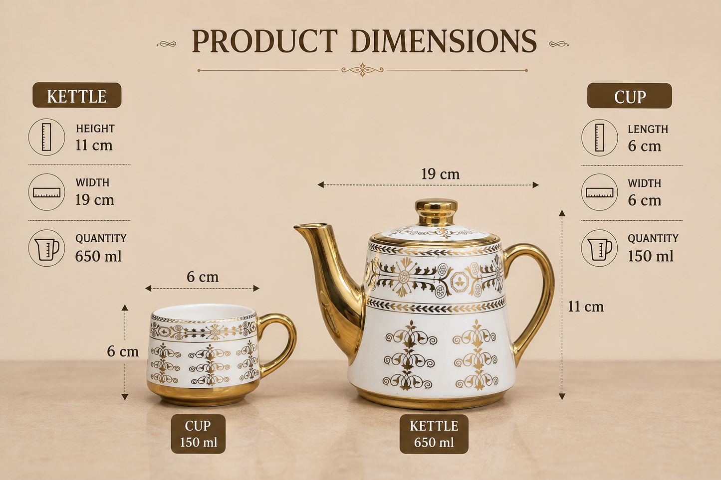 Luxora Gold Handle Ceramic Tea Set — Neoclassical Band Kettle & 4 Cups
