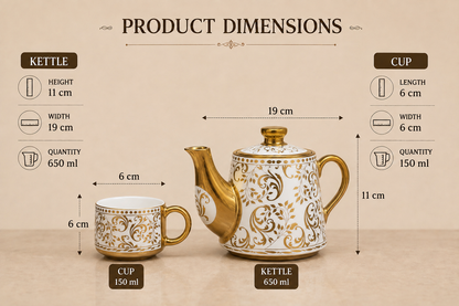Rivera Gold Handle Ceramic Tea Set — Baroque Scroll Vine Kettle & 4 Cups
