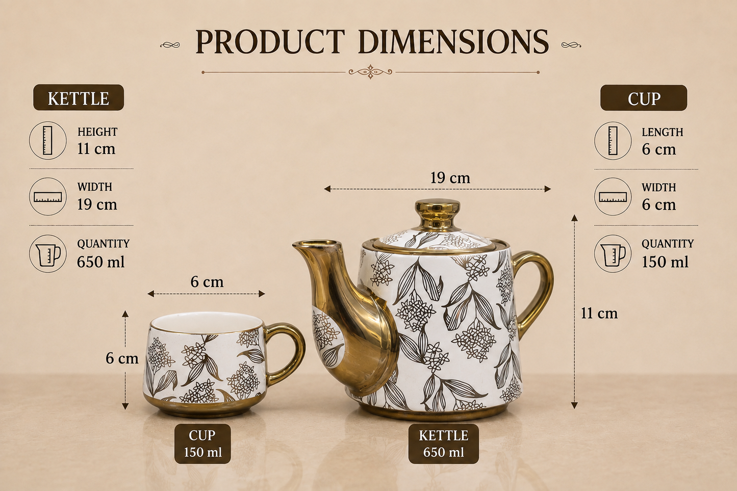 Esprit Gold Handle Ceramic Tea Set — Hand-Painted Floral Kettle & 4 Cups