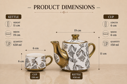 Esprit Gold Handle Ceramic Tea Set — Hand-Painted Floral Kettle & 4 Cups