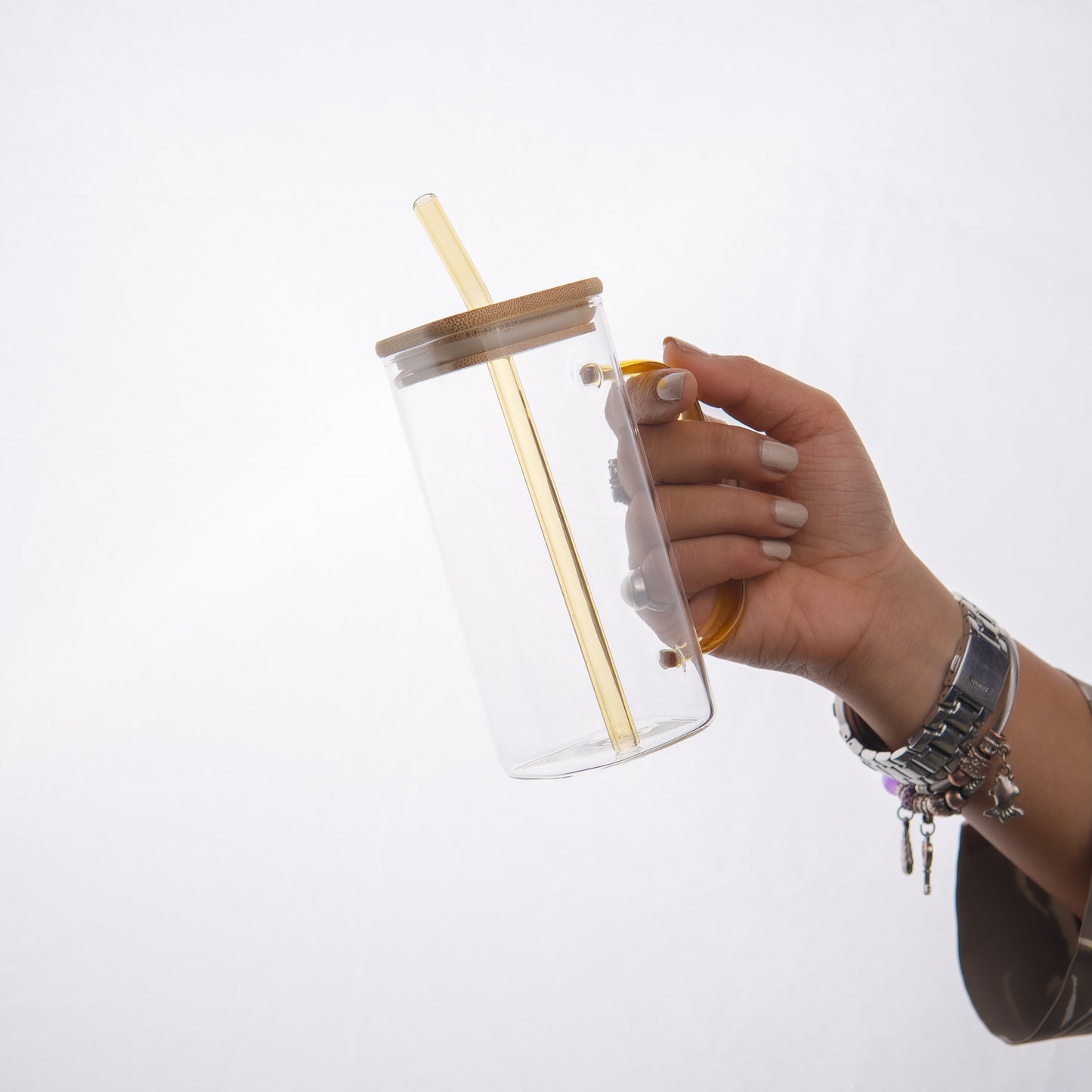 Aesthetic Borosilicate Glass Sipper with handle Set of 2 400 ml