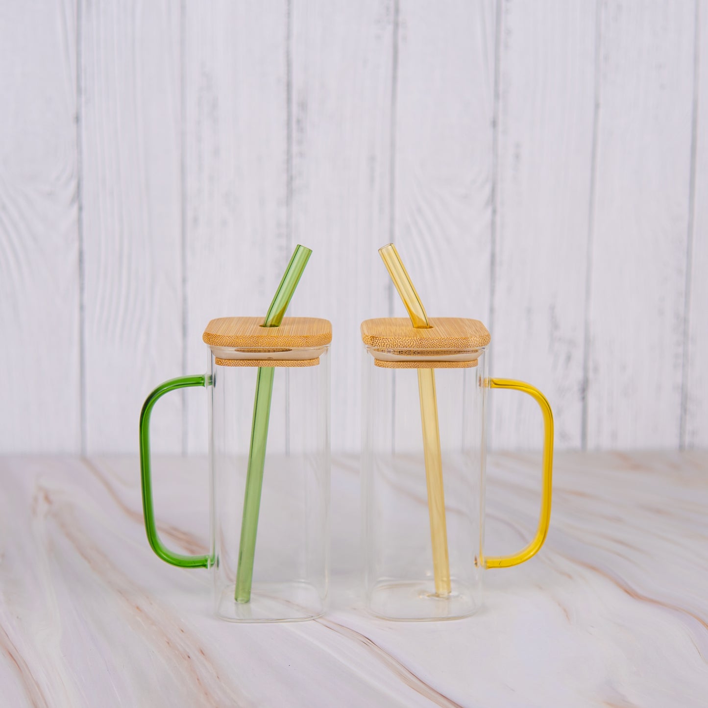 Aesthetic Borosilicate Glass Sipper with handle Set of 2 400 ml