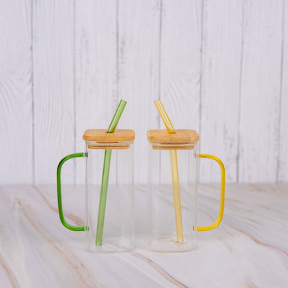 Aesthetic Borosilicate Glass Sipper with handle Set of 2 400 ml
