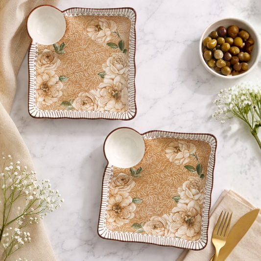 Crockwitty Vintage Floral Ceramic Snacks Serving Dip N Dip Platter Set of 2