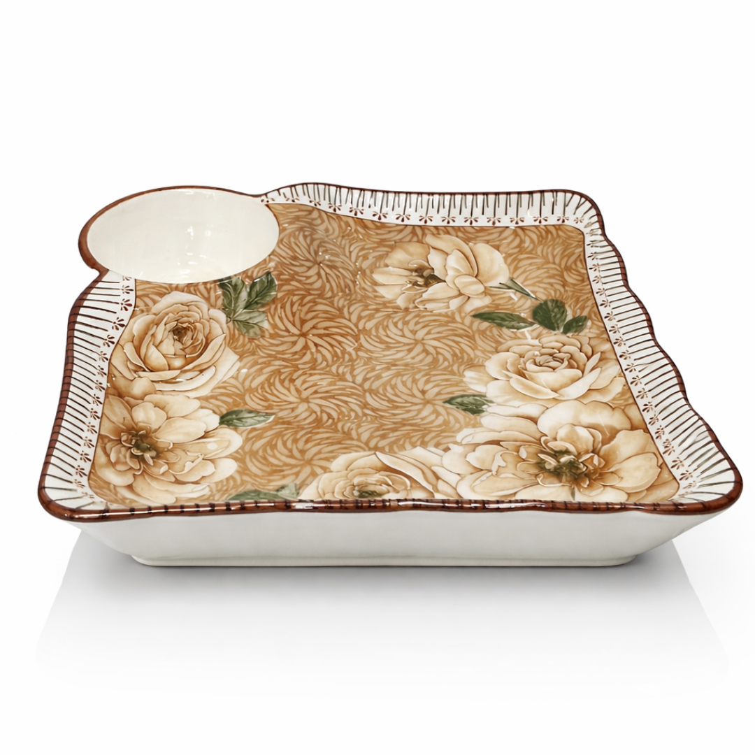 Crockwitty Vintage Floral Ceramic Snacks Serving Dip N Dip Platter Set of 2