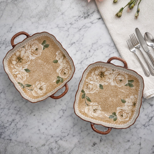 Vintage Porcelain Floral Ceramic Snack and Serving Platter with Handles Set of 2