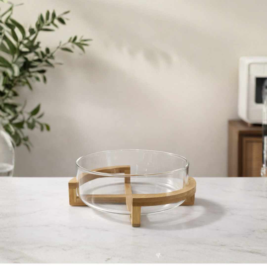 Elegant Glass Bowl with Bamboo Stand