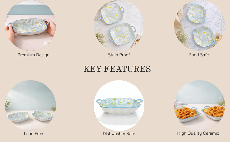 Blue Floral Ceramic Snack & Serving Platter with Handles Set of 2