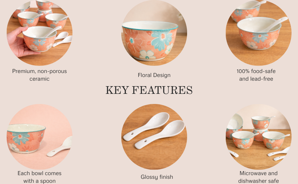 BloomFlora Porcelain Soup Bowl and Spoon Set (4 Bowls + 4 Spoons)