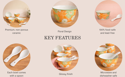 PeachBloom Porcelain Soup Bowl and Spoon Set (4 Bowls + 4 Spoons)