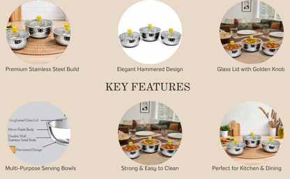 Hammered Stainless Steel Serving Bowl Set of 3 — 500ml, Medium & 1500ml | Toughened Glass Lid with Golden Knob | Double Wall Mirror Finish | Premium Indian Dining Serveware
